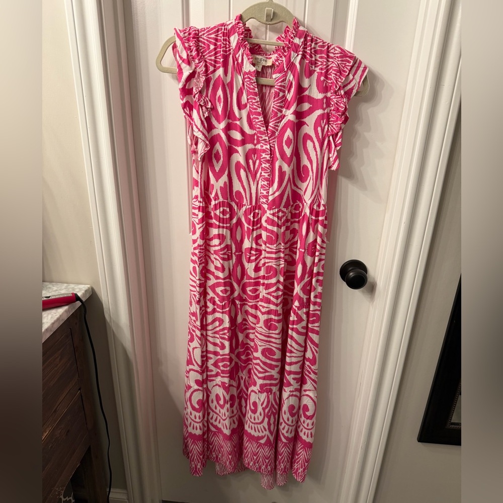 Umgee, Fuschia Print Maxi Dress, Size Small